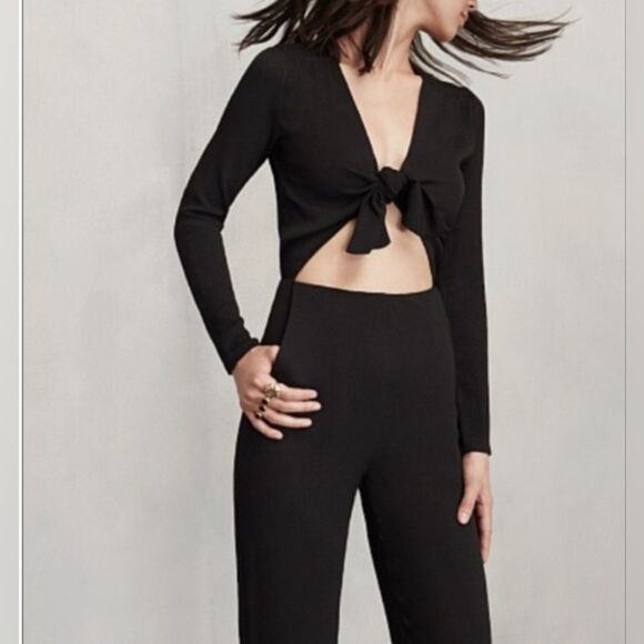Reformation Ferris Black Tie Front Collared Long Sleeve Jumpsuit Size 4 - Picture 3 of 16